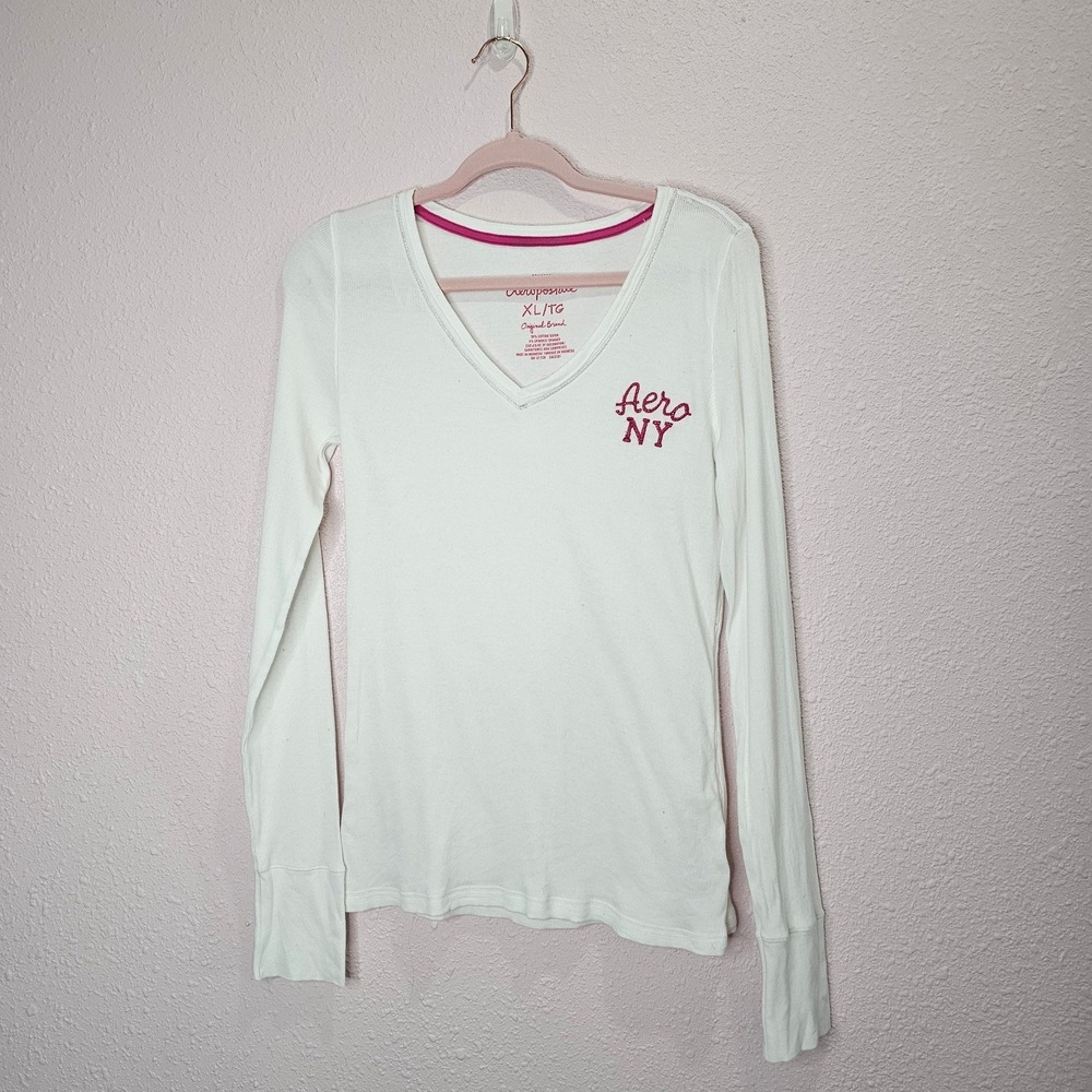 Aeropostale Aero NY Long Sleeve V Neck‎ Tee Shirt White Pink Top XL Micro Ribbed